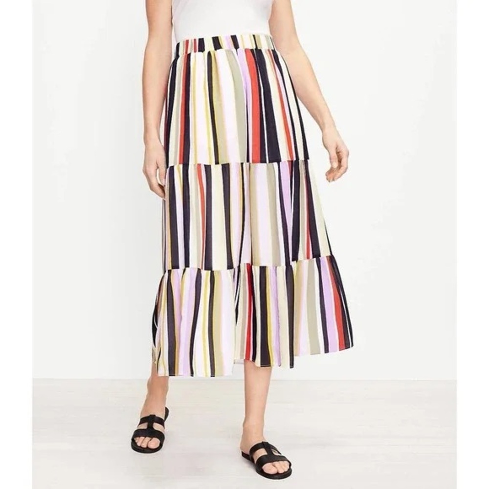 Loft‎ Colorful Striped Tiered Midi Skirt Elastic Waist Large